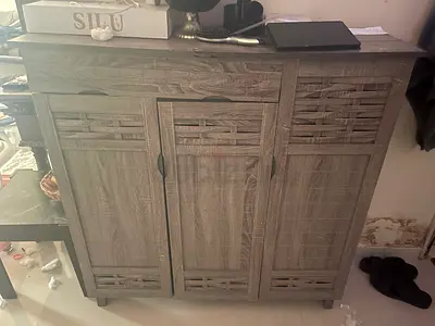Wooden 3-Door Storage Cabinet with Woven Front Panels - Grey