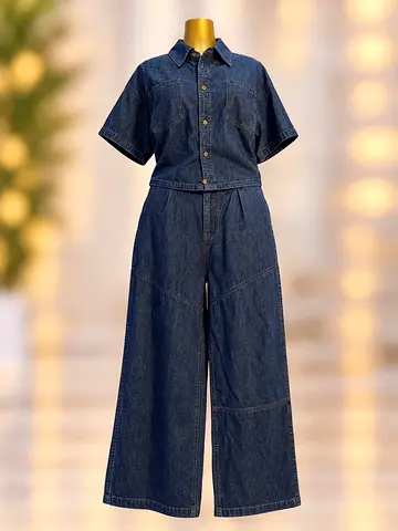 Denim Jumpsuit - Short Sleeve, Wide Leg (Size not specified)