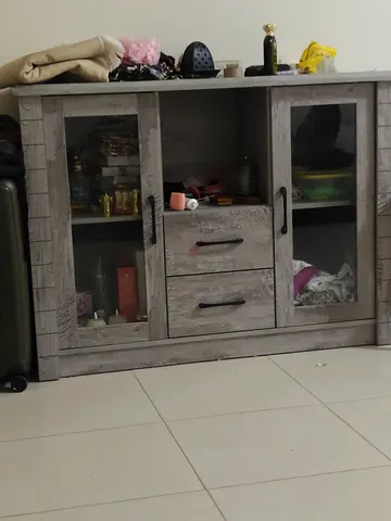 Grey Wooden Storage Cabinet with Glass Doors and Drawers