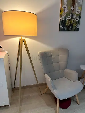 Modern Wooden Tripod Floor Lamp with Cream Fabric Shade