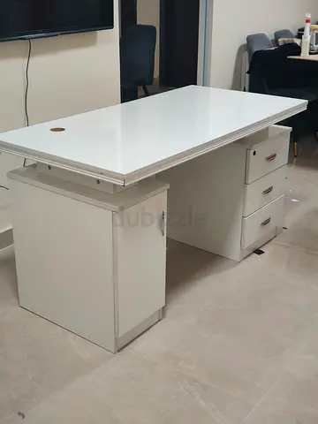 White Wooden Office Desk with Drawers and Cabinet - Good Condition