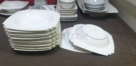 Set of white porcelain dinner plates and soup bowls - used, good condition