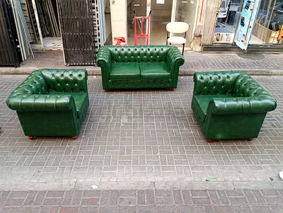 Green Leather Chesterfield 3-Piece Sofa Set (2 Single + 1 Two-Seater)