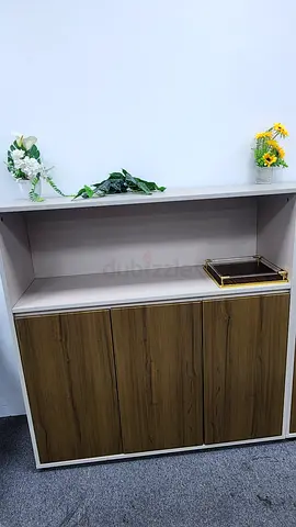 3 Door Storage Cabinet with Open Shelf and Wood Finish — Flawless Condition