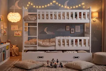 White Wooden Bunk Bed with Trundle and Storage