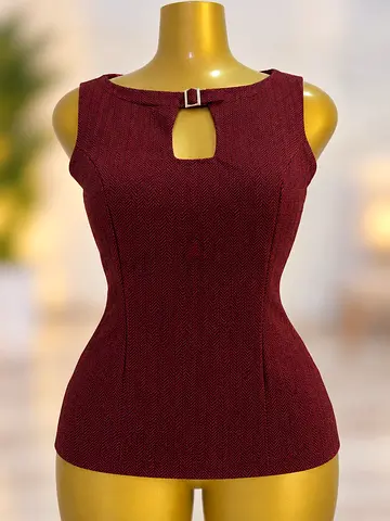 Maroon sleeveless fitted women's top with decorative buckle detail