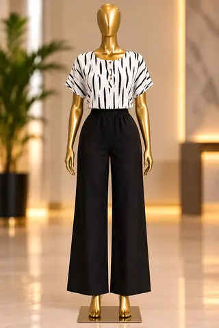 Women's Black Wide-Leg Trousers with Short-Sleeve Printed Top - Set