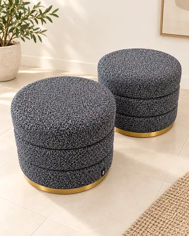 Pair of Round Bouclé Accent Stools/Ottomans with Gold Base