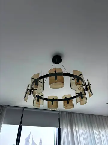 Modern Circular 10-Light Ceiling Chandelier with Amber Glass Shades