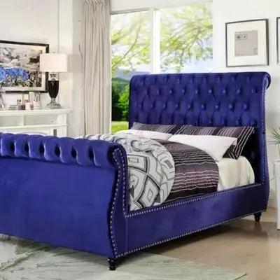 Deep Blue Premium Velvet Upholstered Sleigh Bed