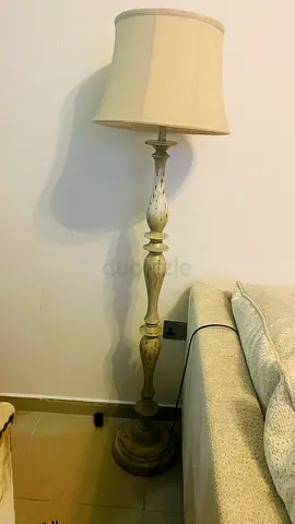 Tall vintage-style wooden floor lamp with fabric shade