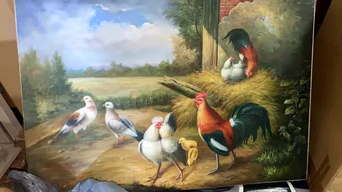 Vintage oil painting of roosters and doves-92cm height