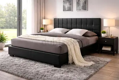 Modern Black Faux Leather Queen Bed with Padded Headboard