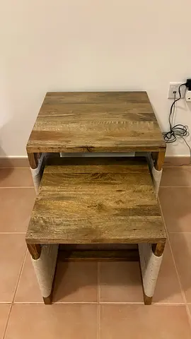 Set of two side tables solid wood and rattan