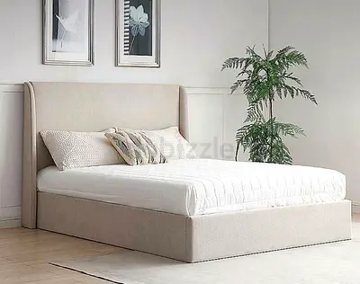Beige Upholstered Double Bed with Headboard