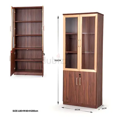 Wooden Tall Bookcase/Storage Cabinet with Glass Doors - 200cm H