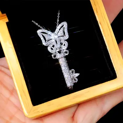 Butterfly key necklace silver with zirconia stones 45 cm NEW