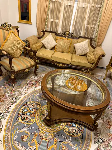 Classic Antique carved wooden living room set with round glass coffee table and 2 side table