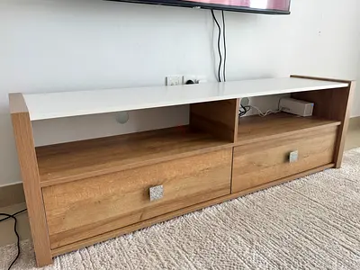 Low TV Unit / Entertainment Console - Oak with White Top, 2 Drawers