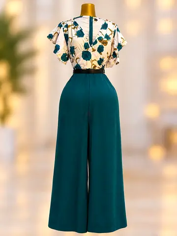 Teal Wide-Leg Jumpsuit with Floral Top - Size M