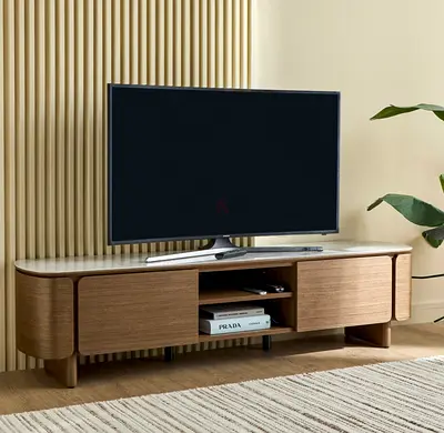 Low Profile Wooden TV Entertainment Unit with Marble Top