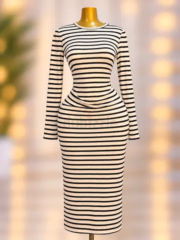 Beige and Black Striped Long Sleeve Bodycon Midi Dress - Size S