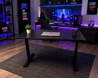Ikea black electric height-adjustable Black Gaming Desk — Solid Frame, Minimalist Design