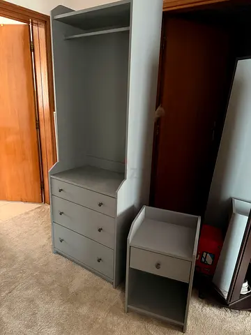 Light grey wooden bedroom wardrobe with matching bedside table/night stand