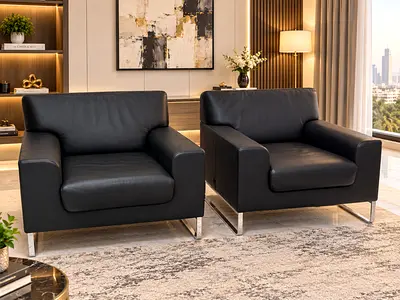 WALTER knoll Pair of Modern Black Genuine Leather Armchairs - Excellent Condition