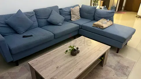 Blue L-shaped Fabric Sofa - Good Condition
