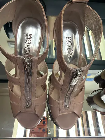Michael Kors women's taupe leather peep-toe heeled sandals, size unknown