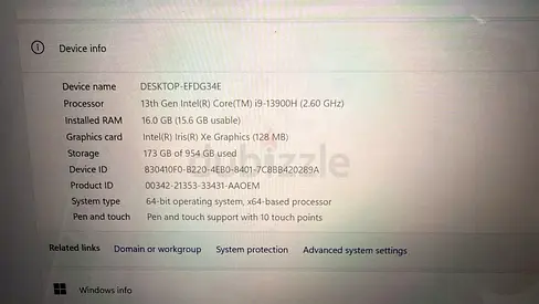 Windows desktop with Intel i9-13900H, 16GB RAM, 1TB storage (used)