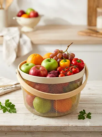 Metal Mesh Fruit Basket with Wooden Handle
