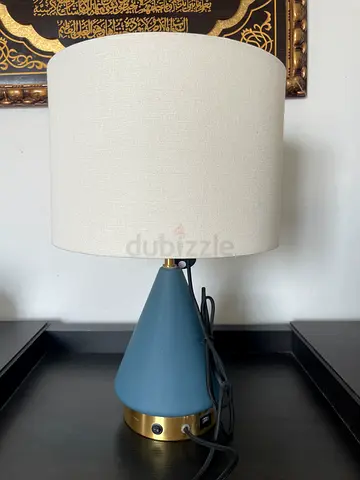 2 same Modern blue cone table lamp with cream fabric shade
