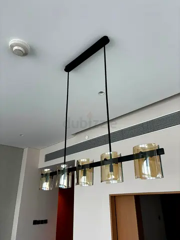 Modern Linear 5-Light Pendant Chandelier with Amber Glass Shades