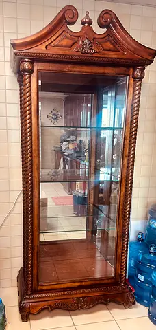 Ornate Antique-Style Wooden Glass Display Cabinet with Shelves