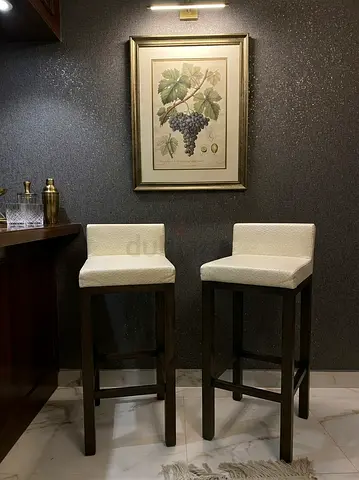 Italian Pair of wooden bar stools with cream upholstered seats - sturdy, good condition
