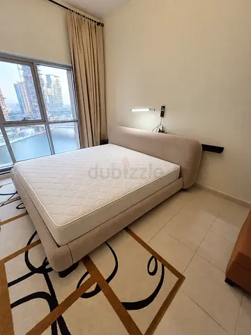 Modern upholstered queen bed frame with mattress - light beige