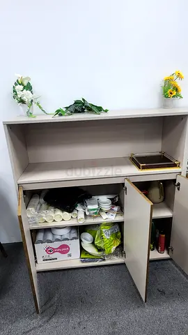 3 Door Storage Cabinet with Open Shelf and Wood Finish — Flawless Condition