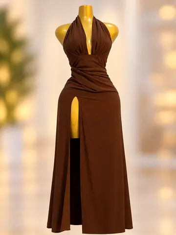 Brown Halter Neck Evening Dress with High Slit - Size Unknown