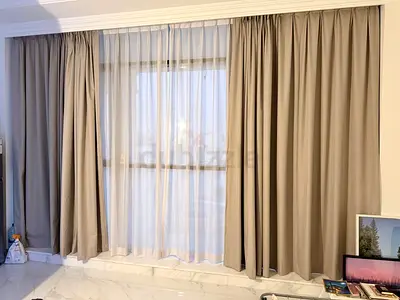 Beige blackout curtains with sheer white liner - set for large window