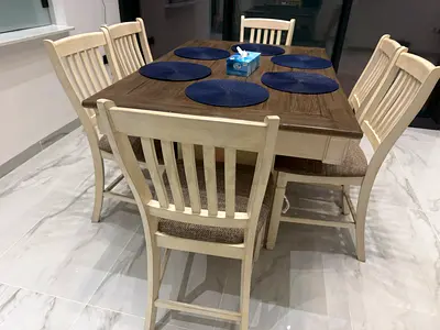 Wooden 6-Piece Dining Table Set with Cushioned Chairs - Light Cream