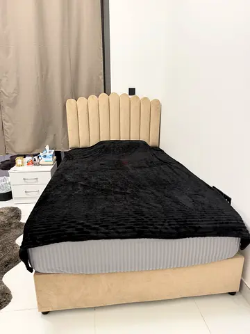 Queen beige upholstered bed with headboard - excellent condition