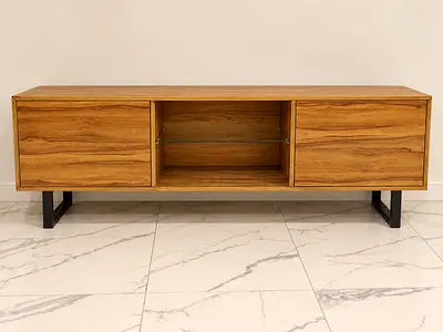 Wooden TV Entertainment Unit with Glass Shelf - Modern Low Cabinet