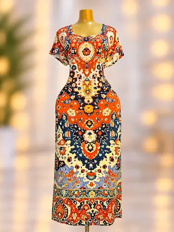 Comfortable Long Printed Maxi Dress - Casual Short Sleeve