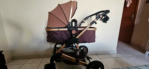 Brown and Gold Foldable Baby Stroller with Adjustable Canopy