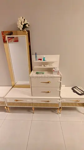 White & Gold Dressing Table Set with Mirror and 2 set of bedside Drawers