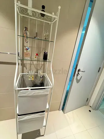 White Metal Bathroom Storage Shelf with Drawers and Glass Shelves