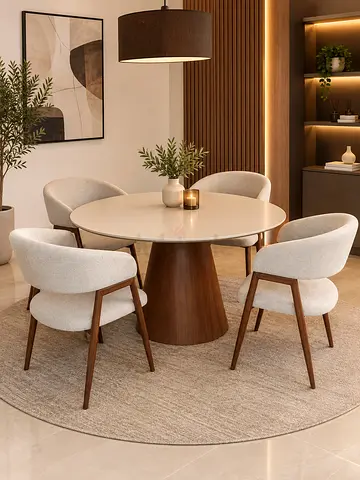 Round Wooden Dining Table with 4 Upholstered Chairs