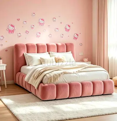 Pink Velvet Platform Bed with Padded Headboard - King Bed 180*200Cm